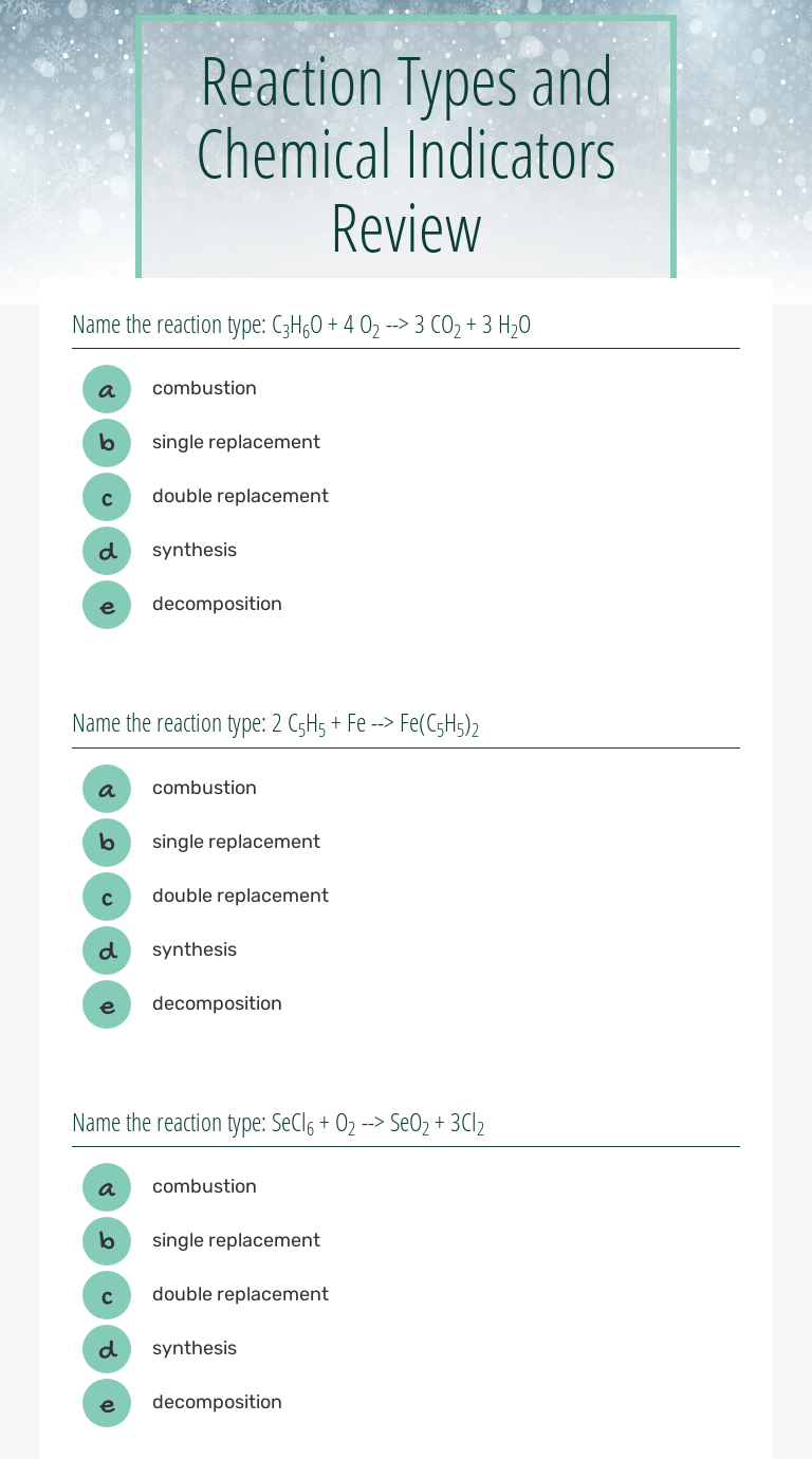 Reaction Types and Chemical Indicators Review Grade 10 worksheet preview