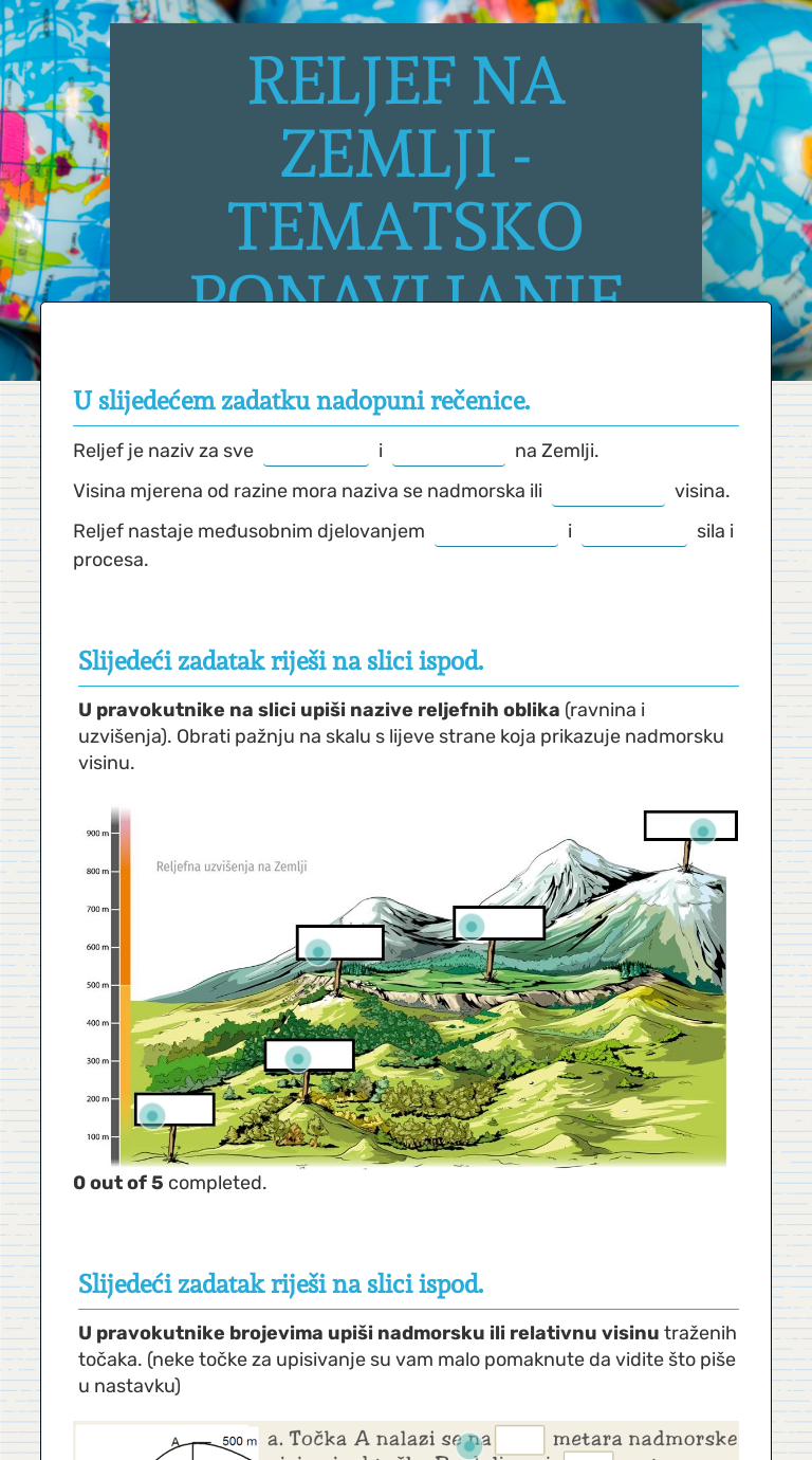 RELJEF NA ZEMLJI - TEMATSKO PONAVLJANJE Grade 5 worksheet preview