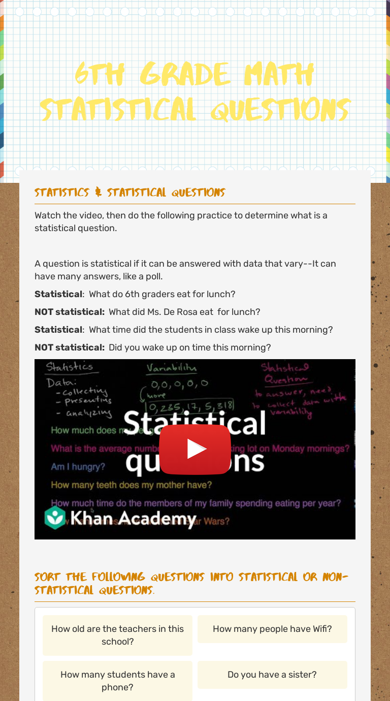 6th Grade Math Statistical Questions worksheet preview image