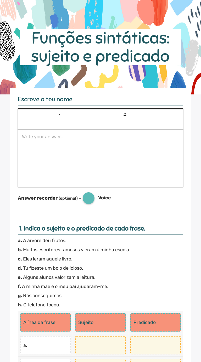 Funções sintáticas:             
 sujeito e predicado worksheet preview image