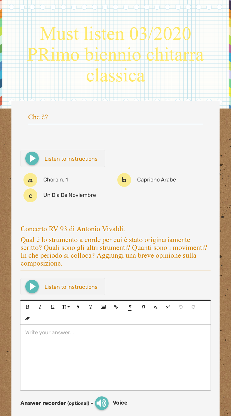 Must listen 03/2020 PRimo biennio chitarra classica Grade 7 worksheet preview