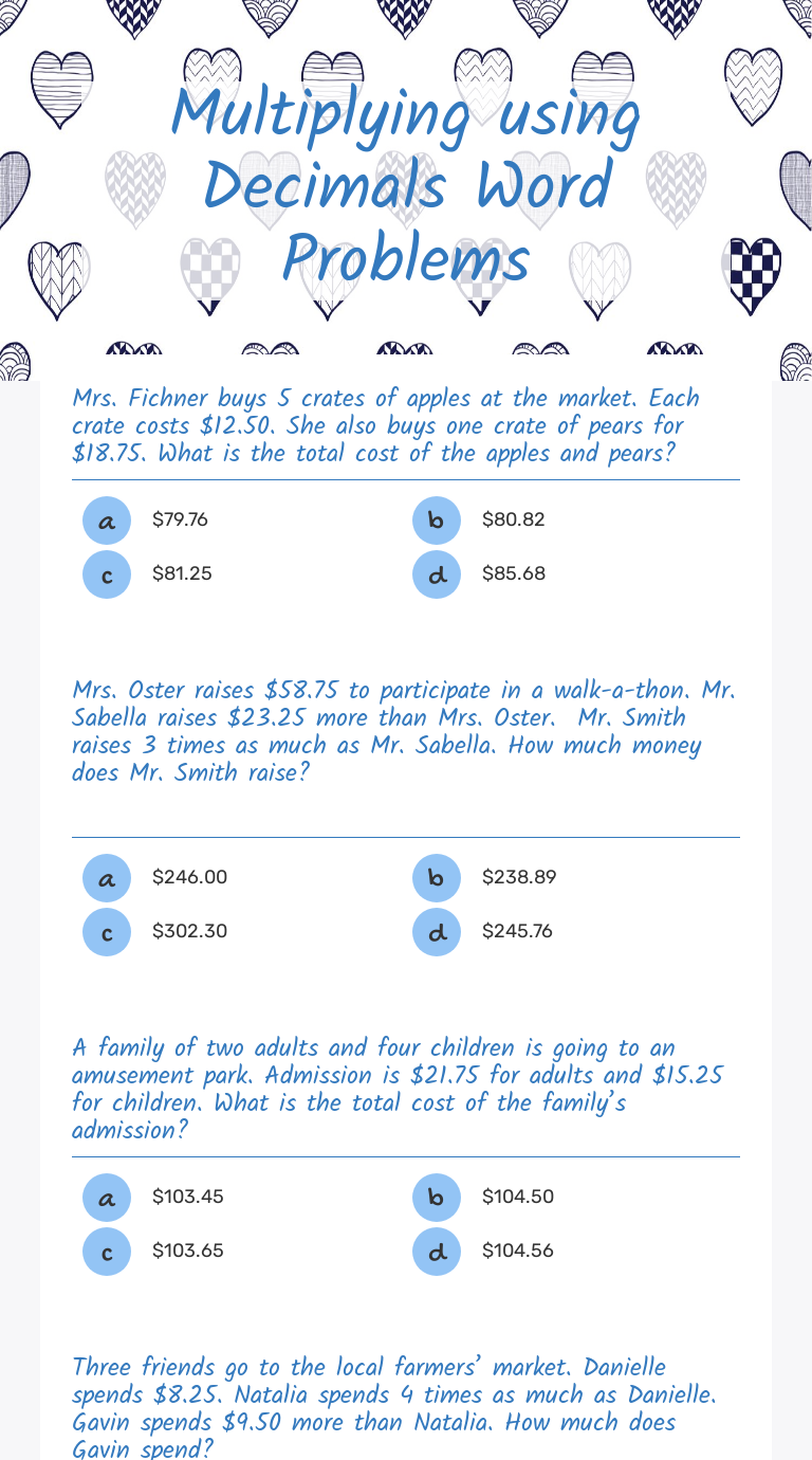 Multiplying using Decimals Word Problems Grade 6 worksheet preview