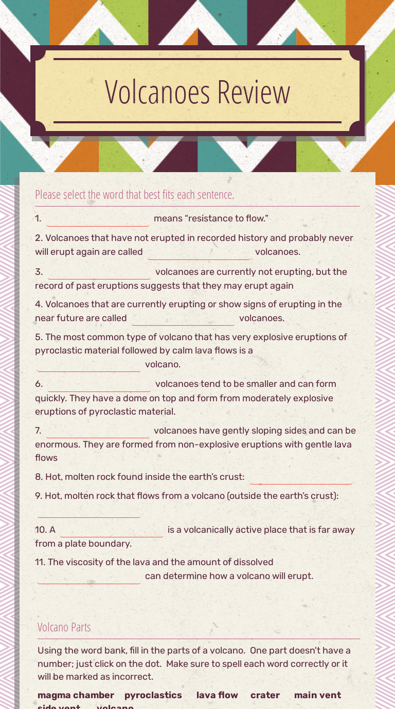 Volcanoes Review worksheet preview image
