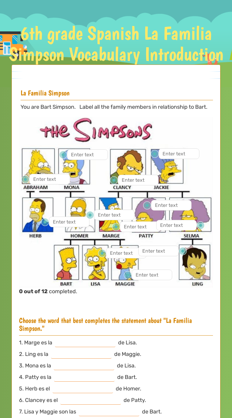 6th Grade Spanish La Familia Simpson Vocabulary Introduction Interactive Worksheet By Corina Baugh Wizer Me