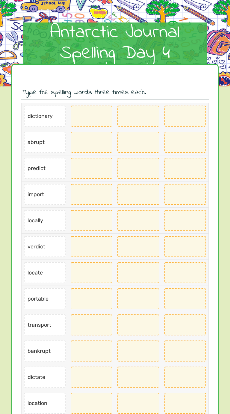 Antarctic Journal Spelling Day 4 Grade 4 worksheet preview