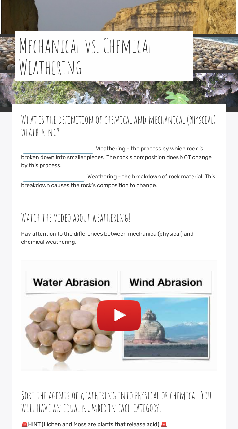 Mechanical vs. Chemical Weathering worksheet preview