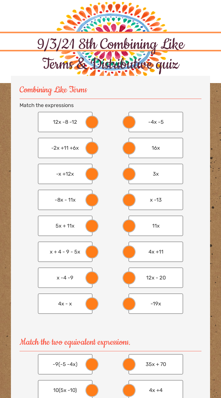9/3/21 8th Combining Like Terms & Distributive quiz Interactive Worksheet Wizer.me