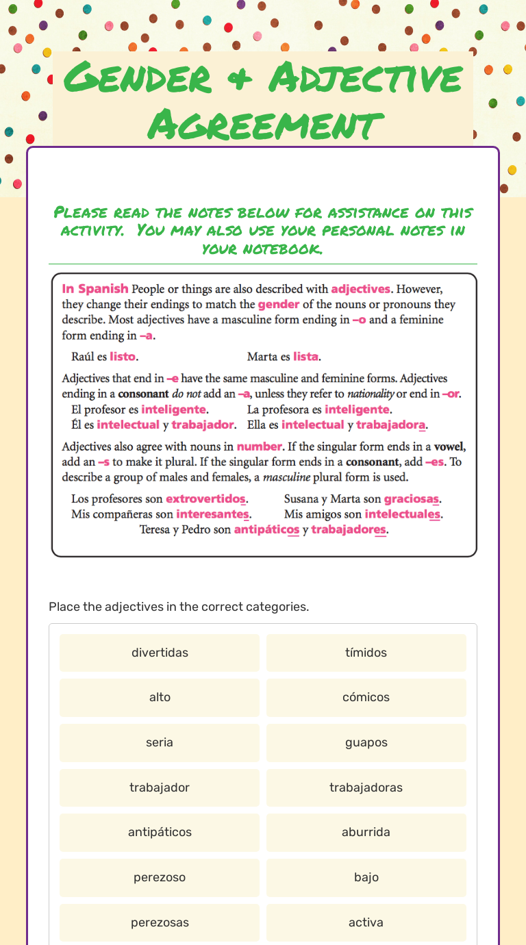 Gender & Adjective Agreement worksheet preview image