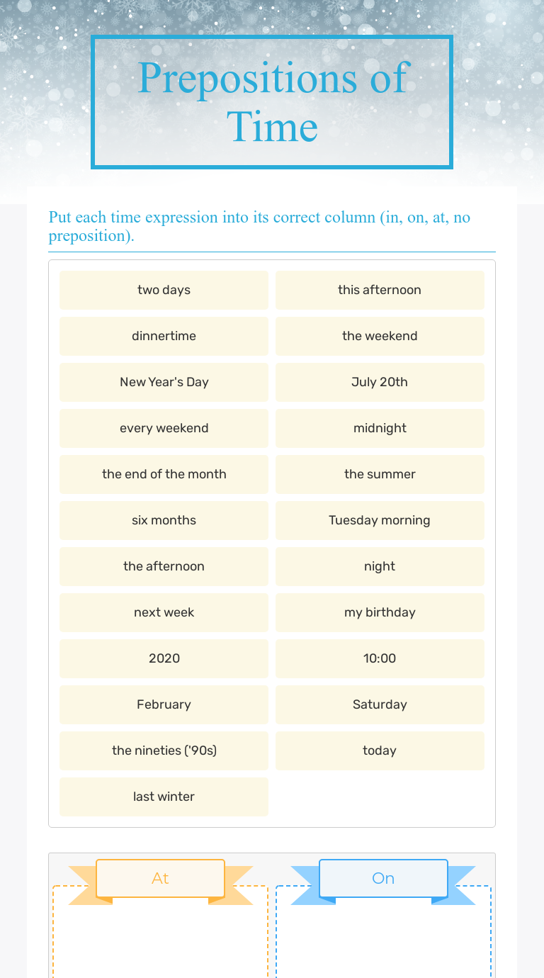 Prepositions of Time Interactive Worksheet by Chelsea Montalbano