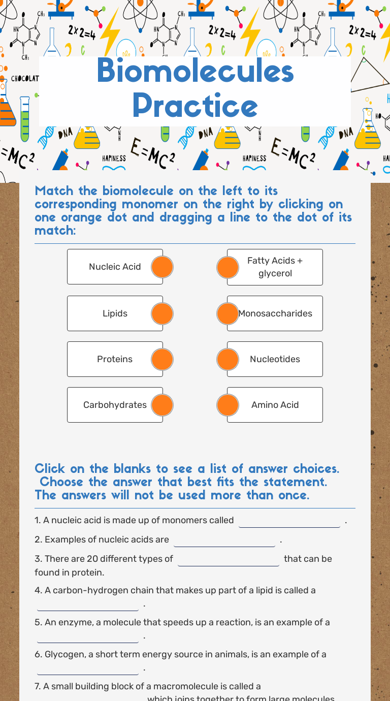 Biomolecules Practice Interactive Worksheet by ANUM JIWANI Wizer.me