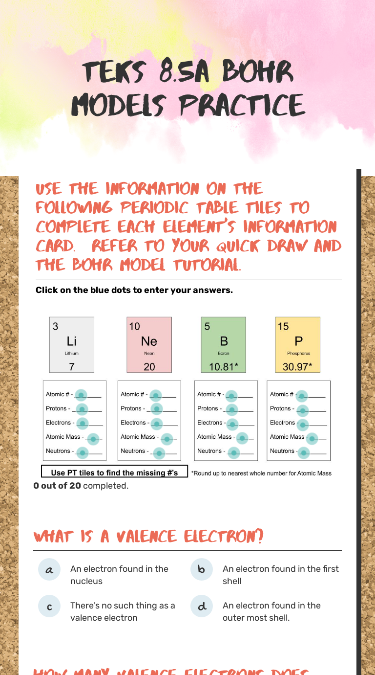 TEKS 8.5A Bohr Models Practice worksheet preview image