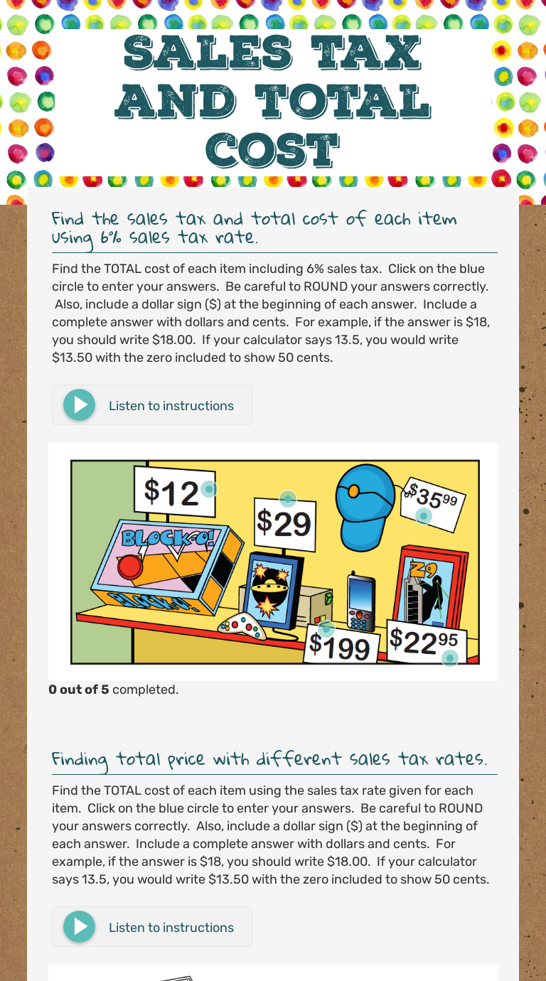 Sales Tax and total cost  Interactive Worksheet by Mrs. C White Throughout Calculating Sales Tax Worksheet