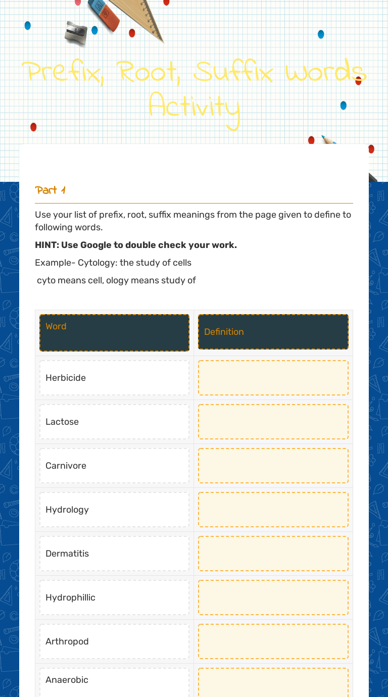 Prefix, Root, Suffix Words Activity worksheet preview image
