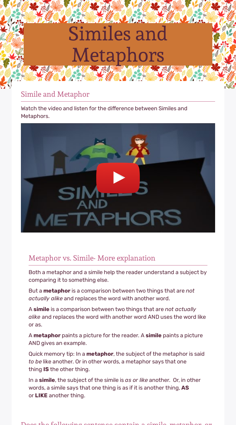 Similes and Metaphors worksheet preview image