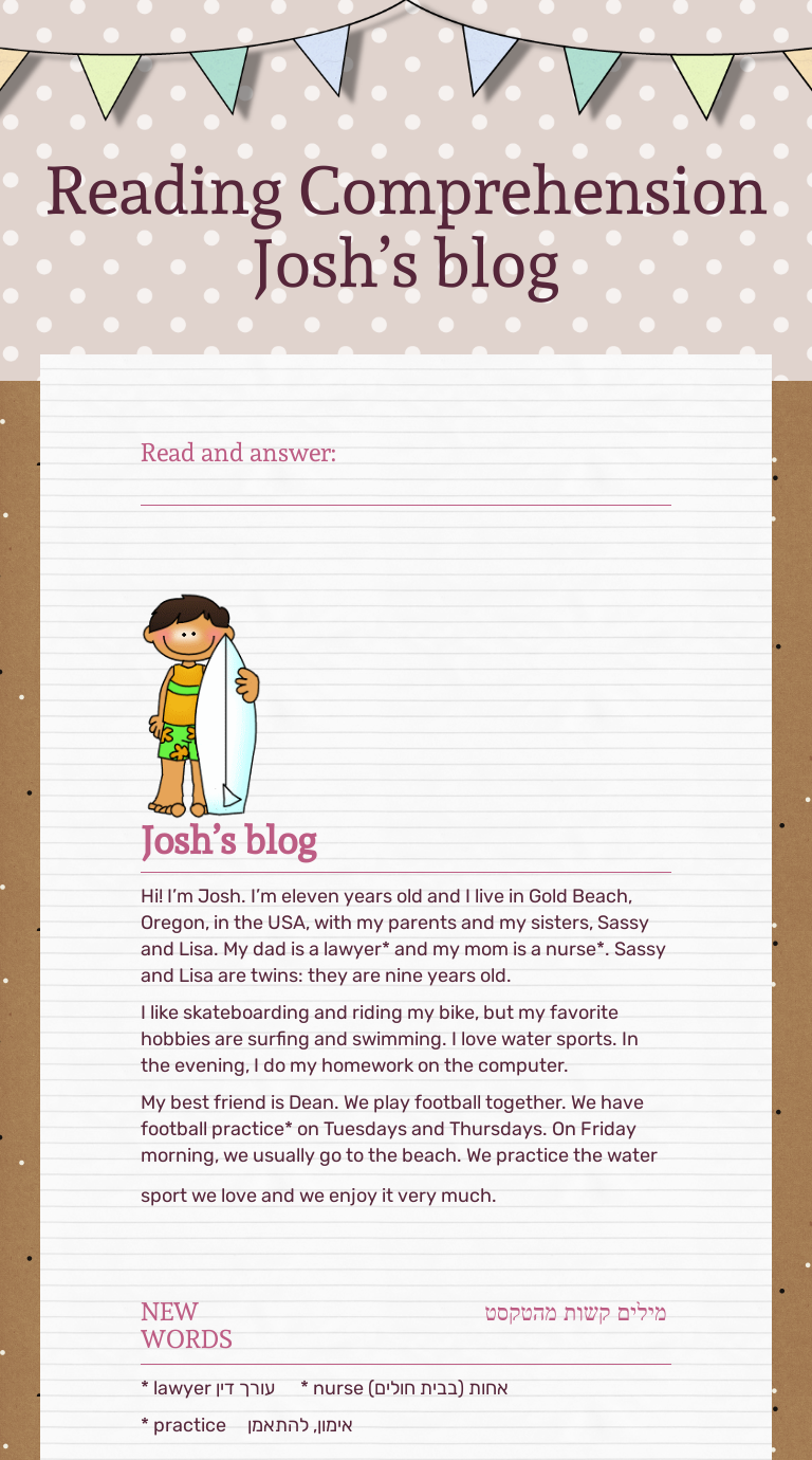 reading comprehension joshs blog interactive worksheet by dorit