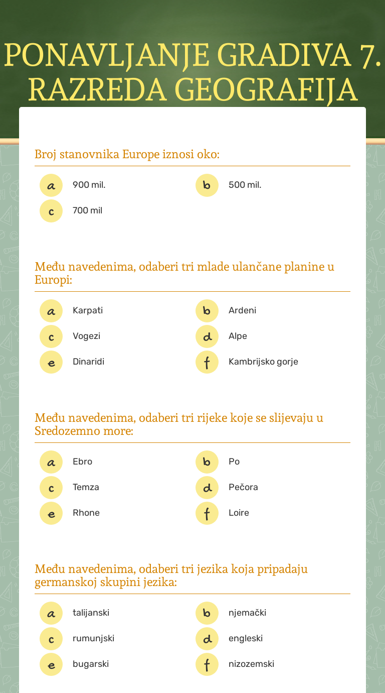 PONAVLJANJE GRADIVA 7. RAZREDA GEOGRAFIJA | Interactive Worksheet By ...