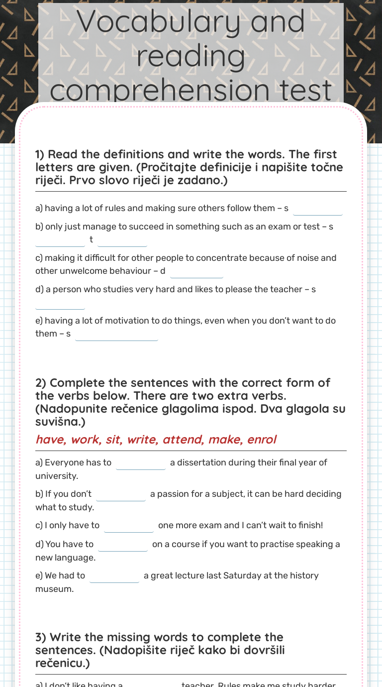 Vocabulary And Reading Comprehension Test Group E Interactive Worksheet By Jelena Vujcic Wizer Me