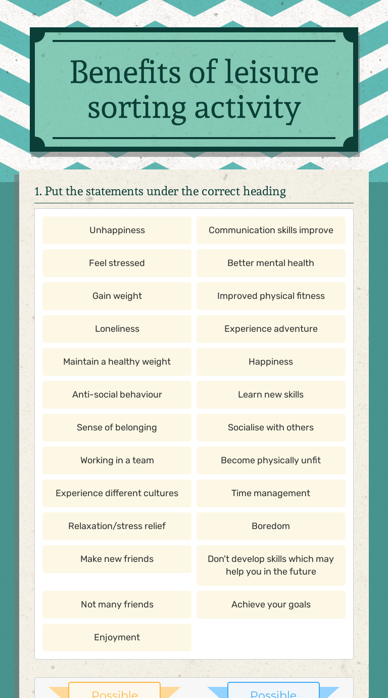 Benefits of leisure sorting activity Interactive Worksheet by Louise