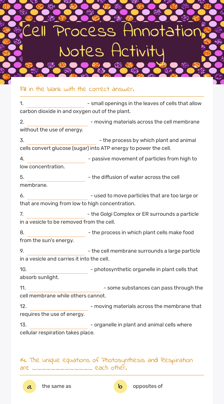Cell Process Annotation  Notes Activity worksheet preview image