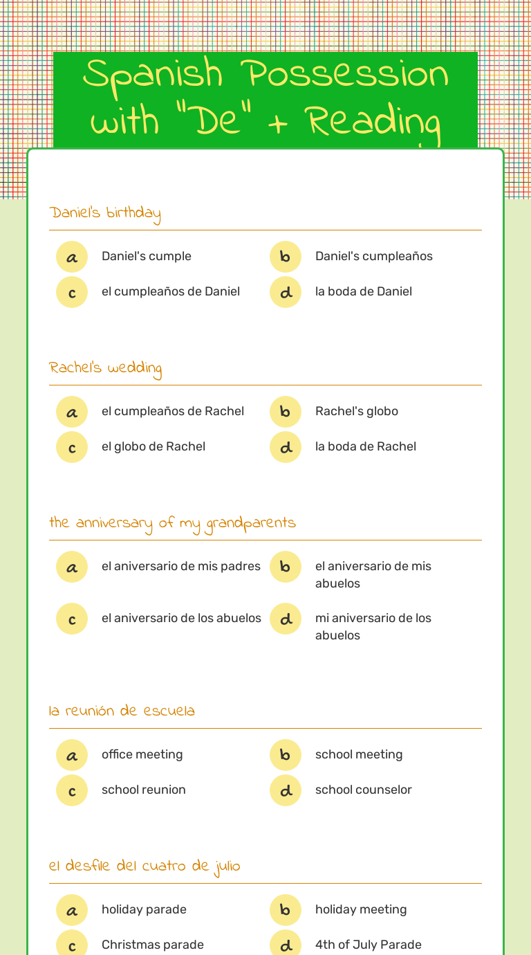 Spanish Possession With De Worksheet Pdf