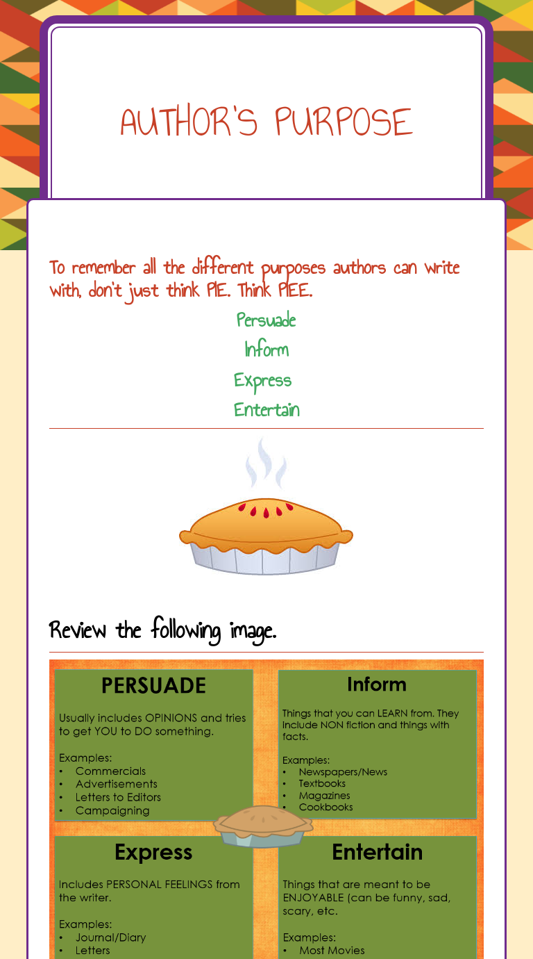 Author's Purpose worksheet preview image