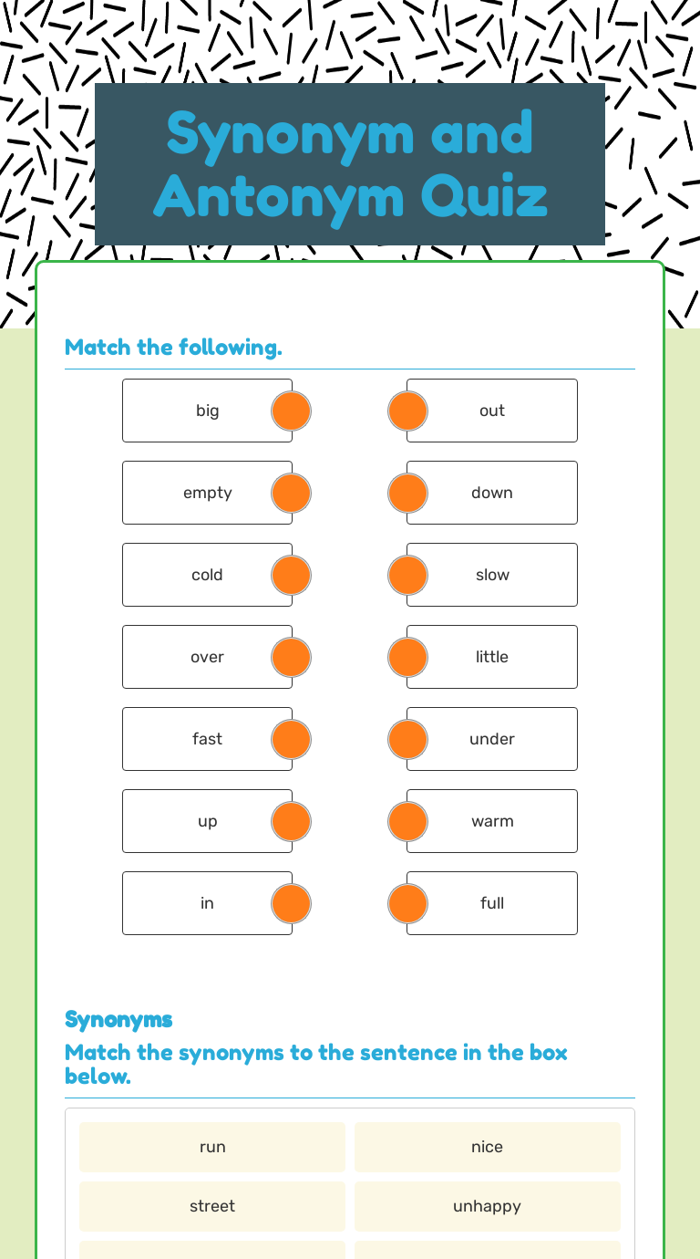 Synonym and Antonym Quiz worksheet preview image