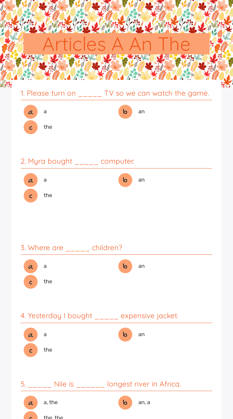 Articles              A An The Grade 5 worksheet preview