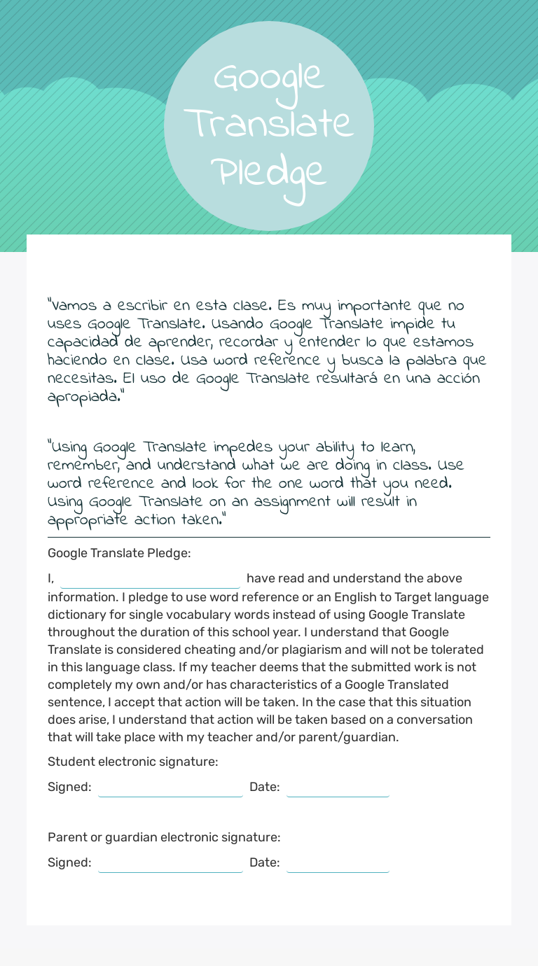 Google Translate Pledge Grade 10 worksheet preview