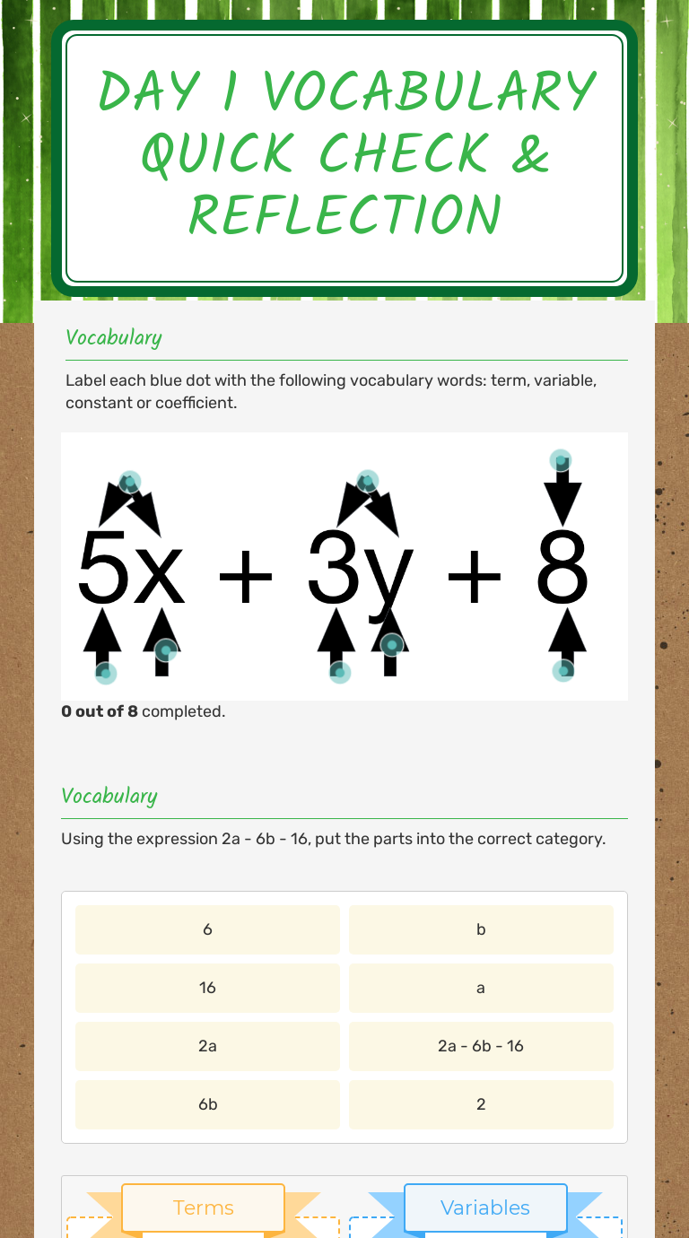 Day 1 Vocabulary Quick Check & Reflection Grade 7 worksheet preview