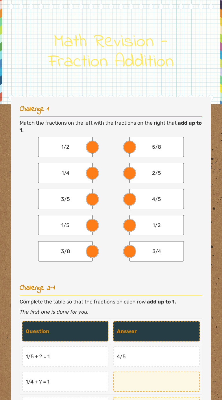 Math Revision - Fraction Addition worksheet preview image