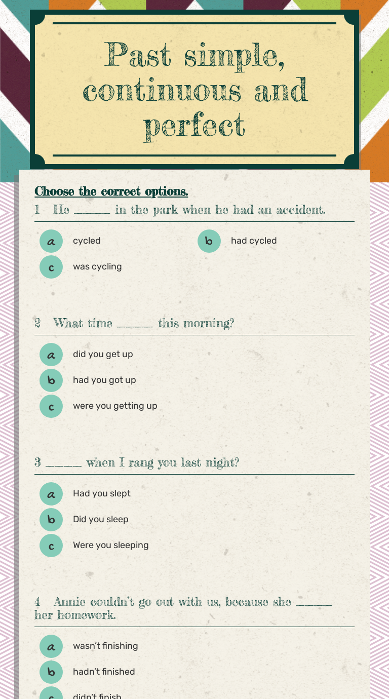 Past simple, continuous and perfect worksheet preview image