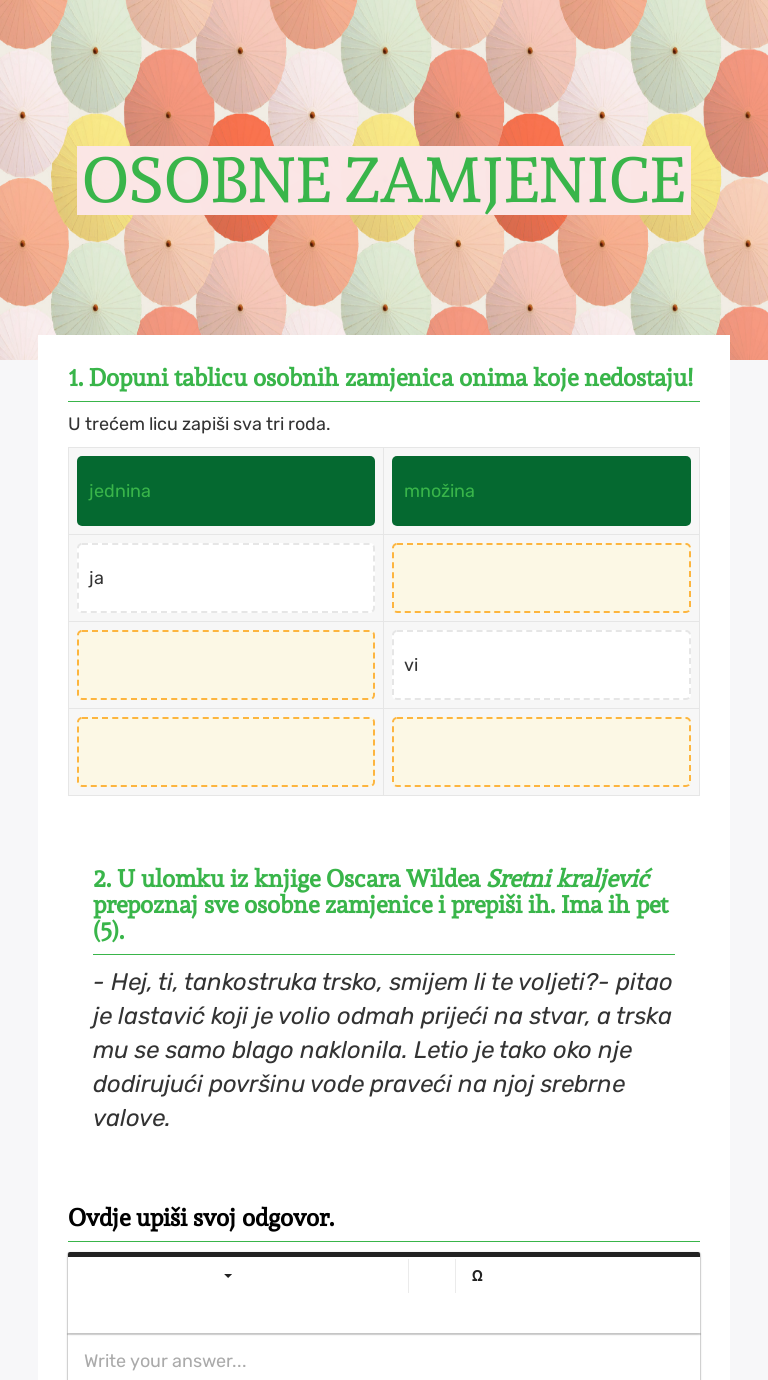 OSOBNE ZAMJENICE | Interactive Worksheet By Tatjana Rađa | Wizer.me