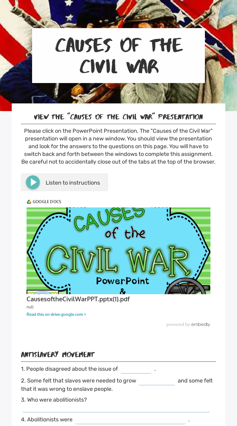 Causes of the Civil War Interactive Worksheet by Katelyn Griffin FCE