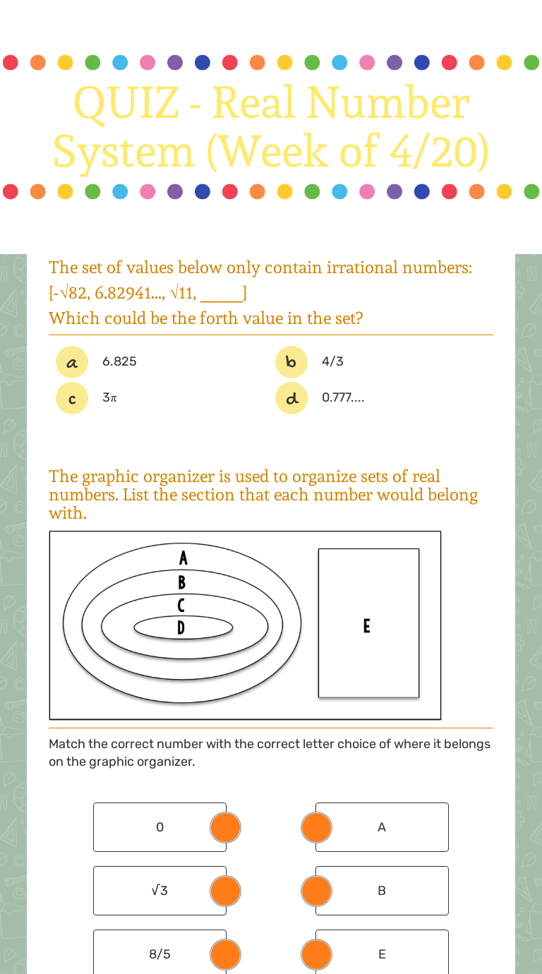 QUIZ - Real Number System (Week of 24/24)  Interactive Worksheet With Regard To The Real Number System Worksheet