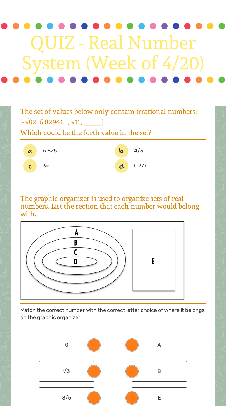 QUIZ - Real Number System (Week of 25/25)  Interactive Worksheet For Real Number System Worksheet