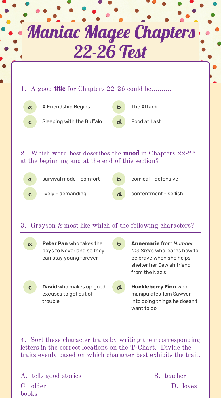 Maniac Magee Chapters 22 26 Test Interactive Worksheet By Kay Jacobs Wizer Me