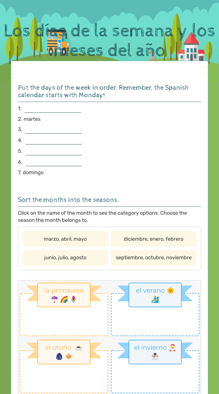 Los días de la semana y los meses del año worksheet preview image