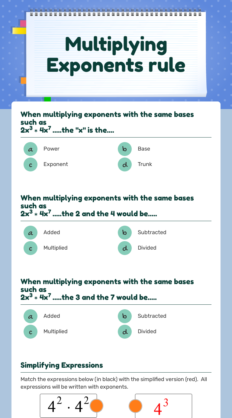 Multiplying Exponents Rule Interactive Worksheet By Brad Stricklen 