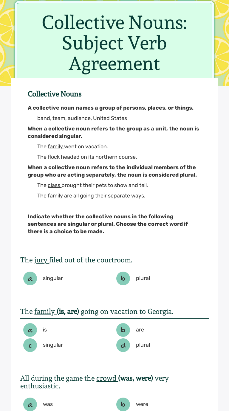 Collective Nouns: Subject Verb Agreement worksheet preview image
