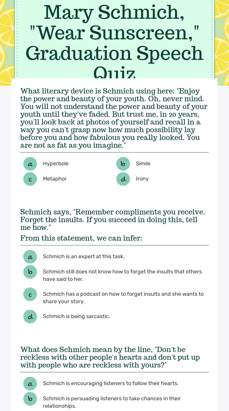 Mary Schmich, "Wear Sunscreen," Graduation Speech Quiz | Interactive ...