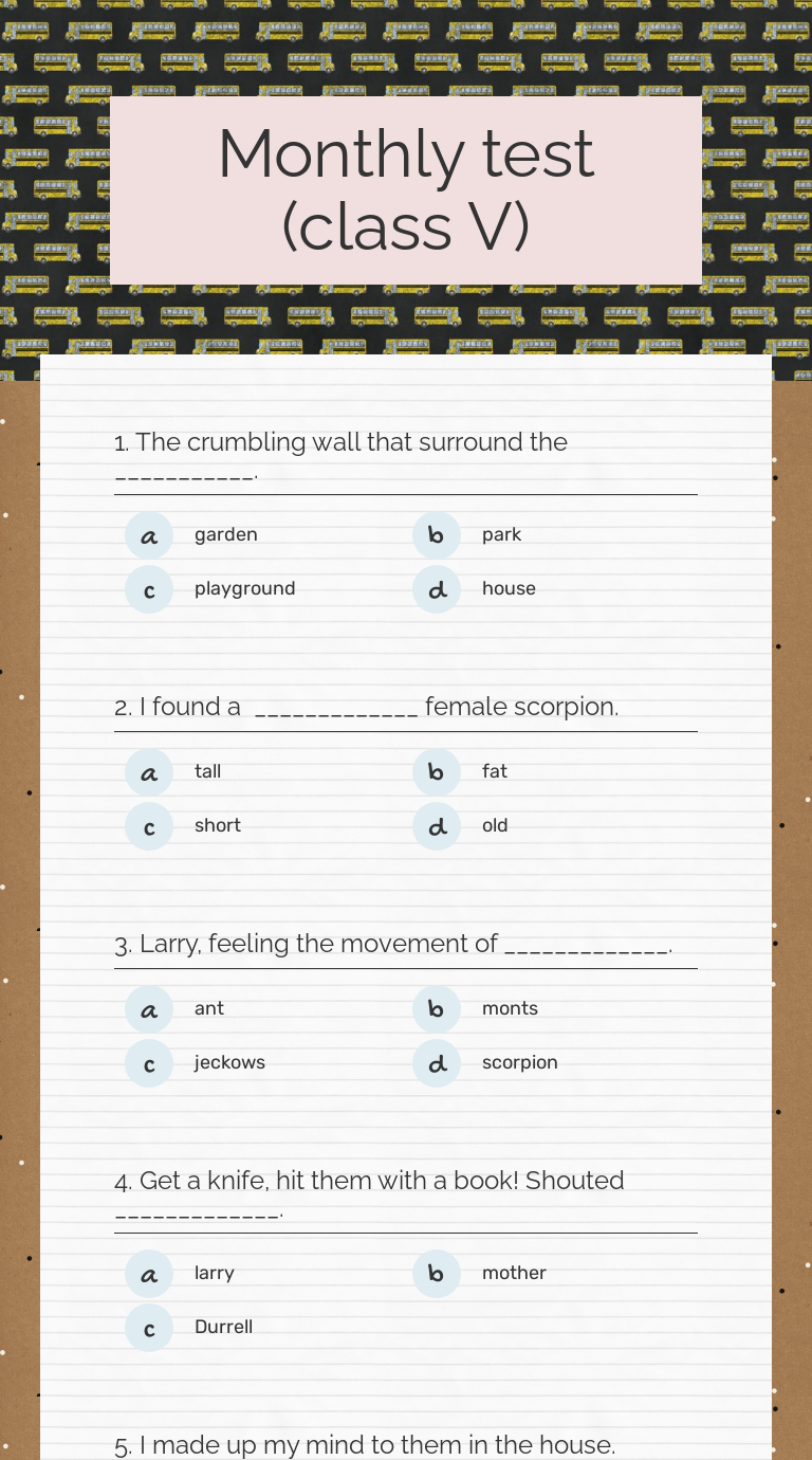 Monthly test (class V) worksheet preview image