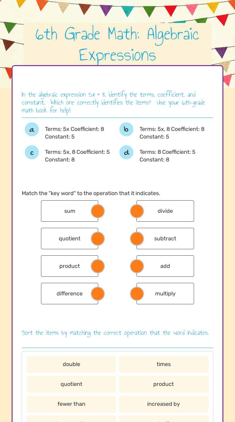 6th Grade Math: Algebraic Expressions Grade 6 worksheet preview