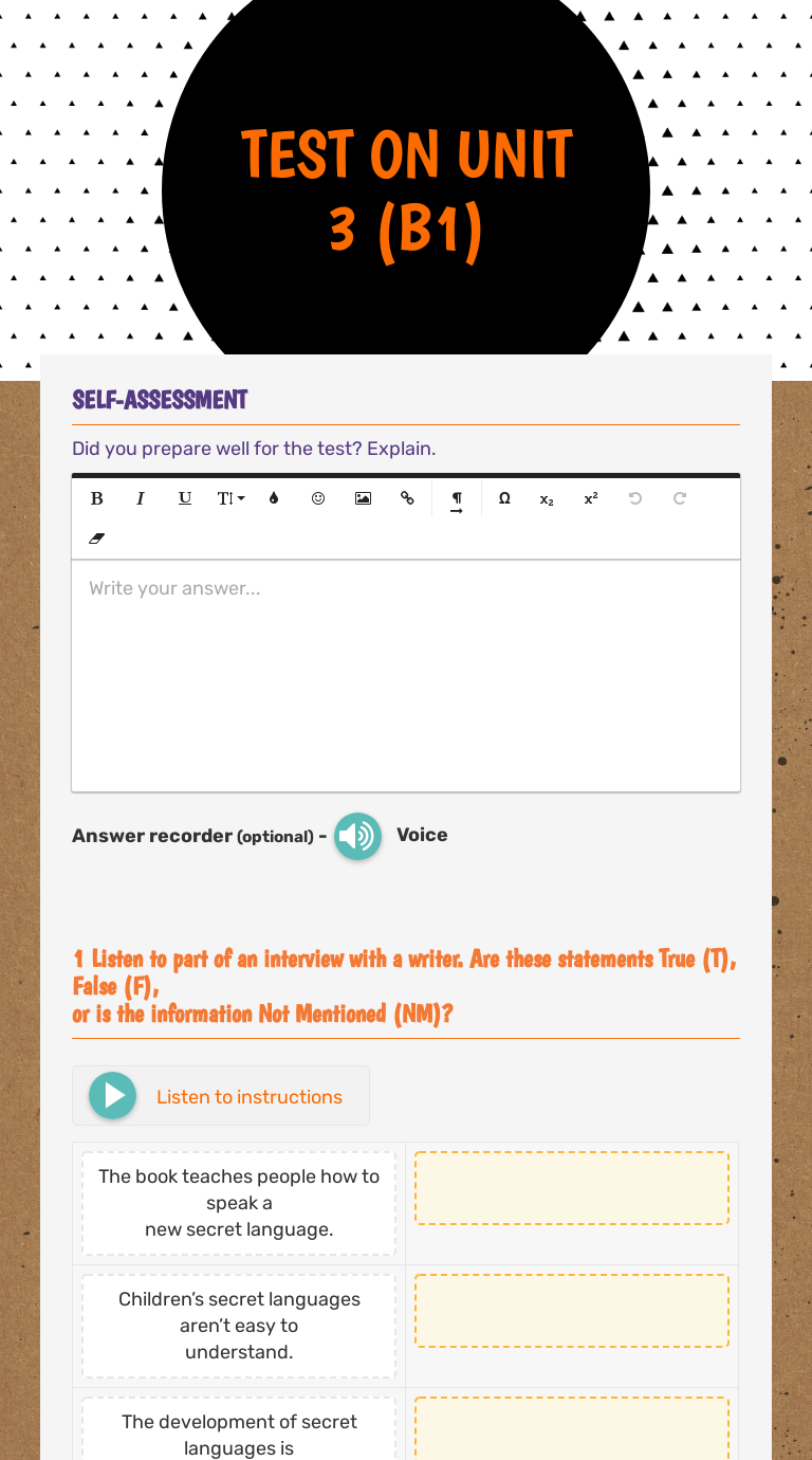 Test On Unit 3 B1 Interactive Worksheet By Gr Gr Wizer Me