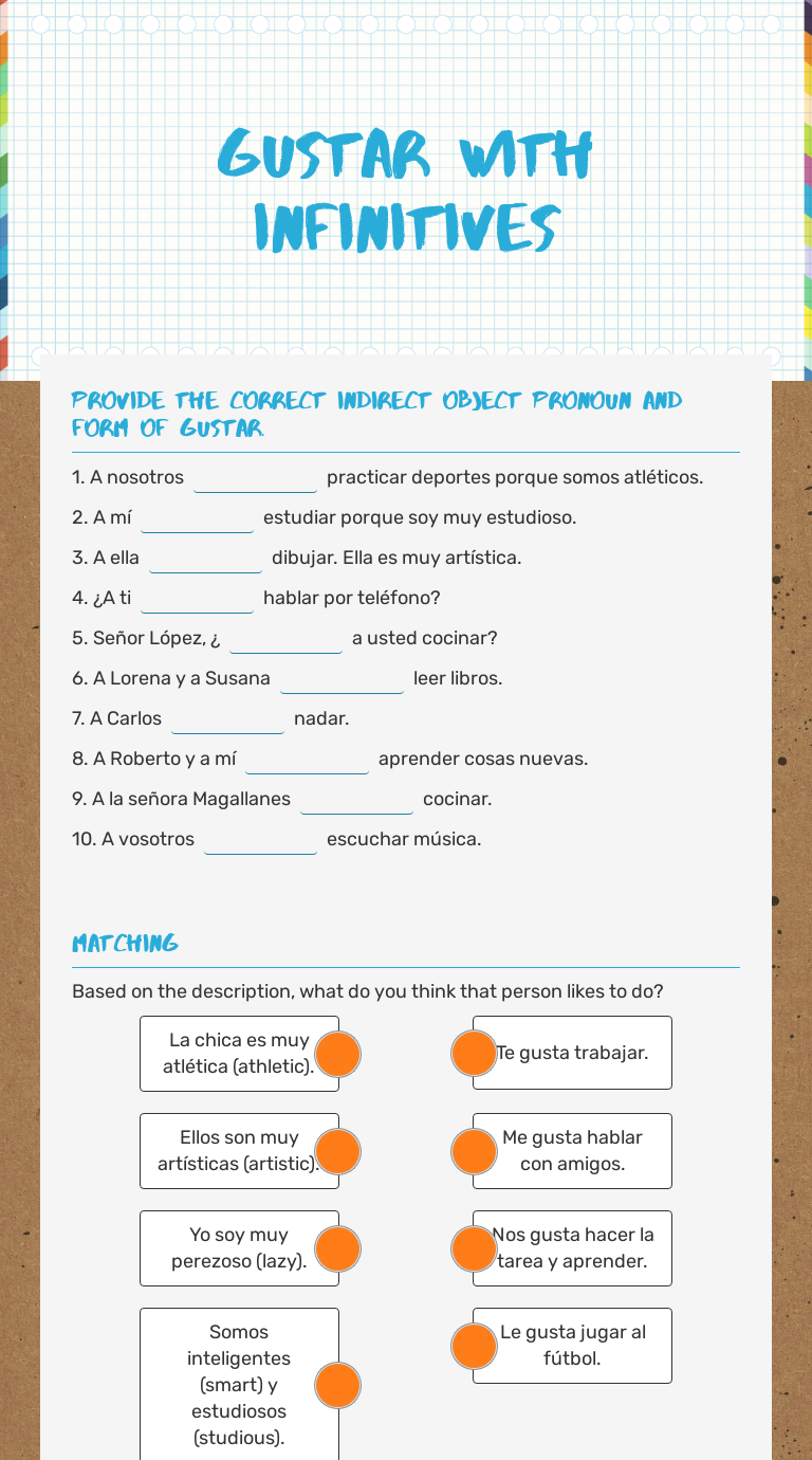 Gustar With Infinitives Interactive Worksheet By Kristen Kennefick Wizerme