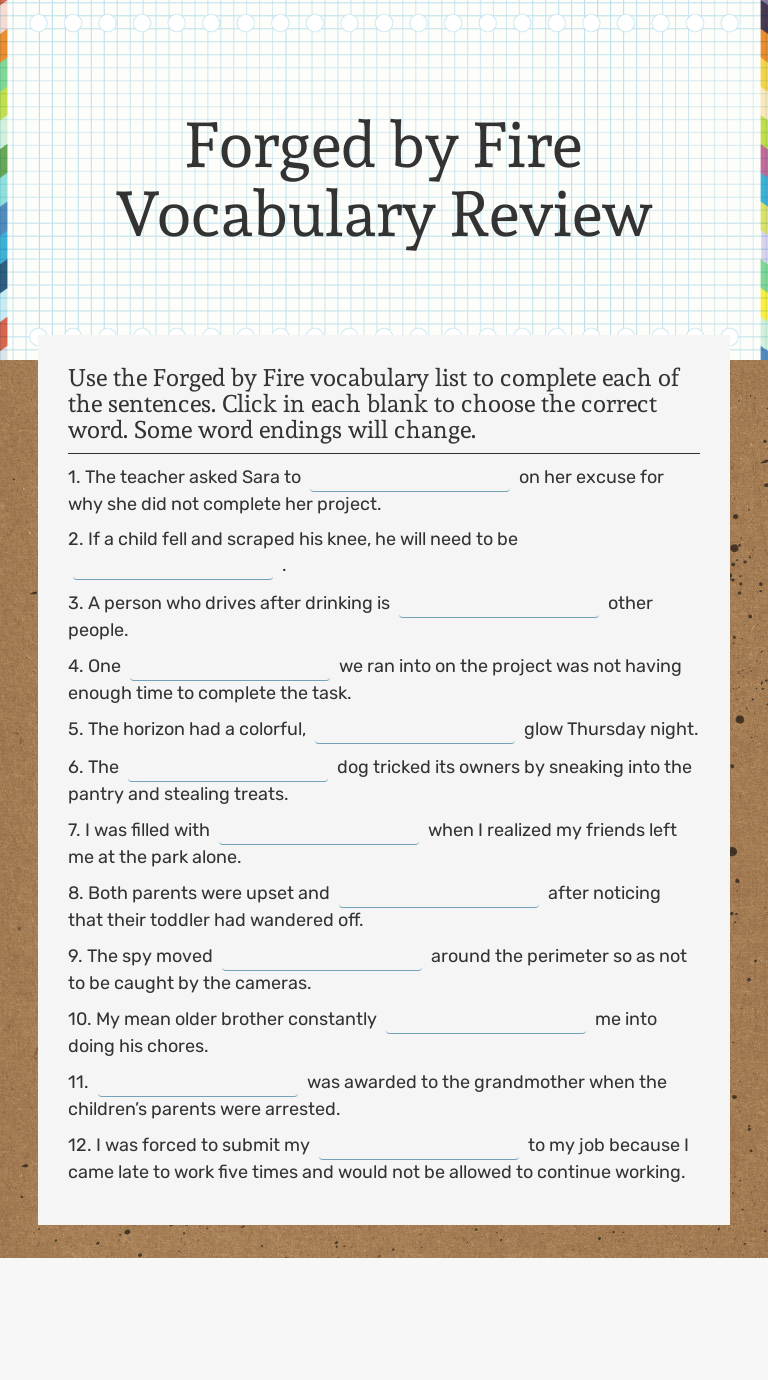 by Fire Vocabulary Review Interactive Worksheet by Judy