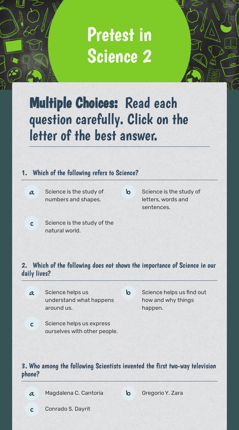 Pretest in Science 2 worksheet preview image