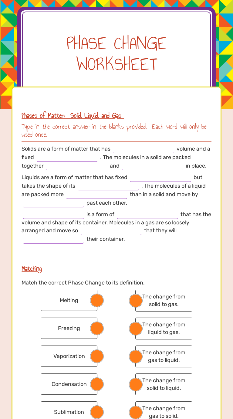 Phase Change Worksheet  Interactive Worksheet by Elizabeth Miller Inside Phase Change Worksheet Answers