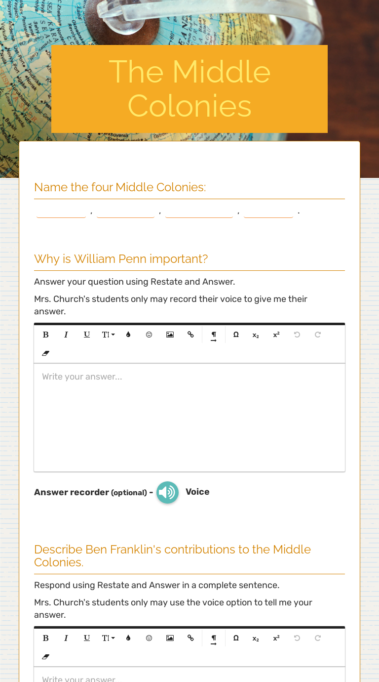 The Middle Colonies Interactive Worksheet by Shelly Glauser Wizer.me