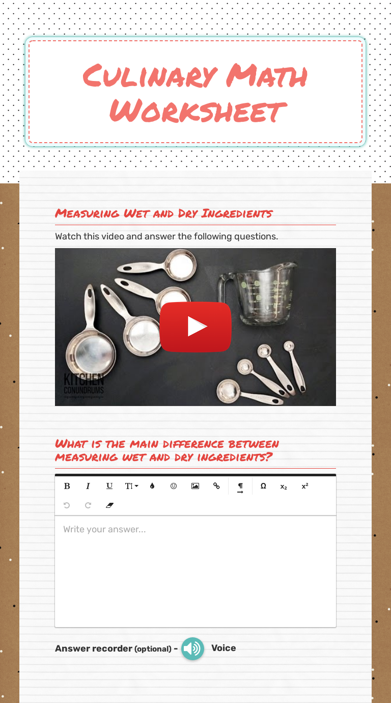 Culinary Math Worksheet Interactive Worksheet by Corinne Angello