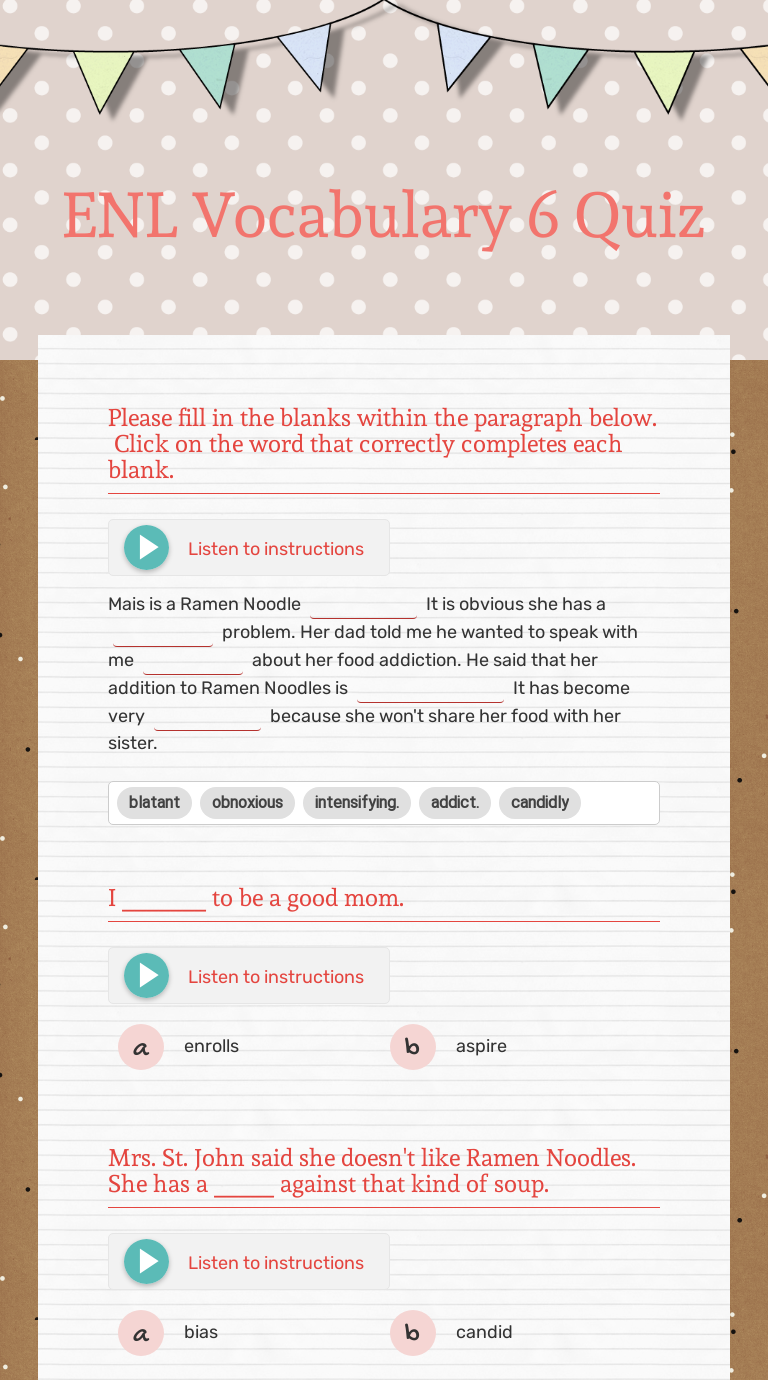 ENL Vocabulary 6 Quiz worksheet preview image